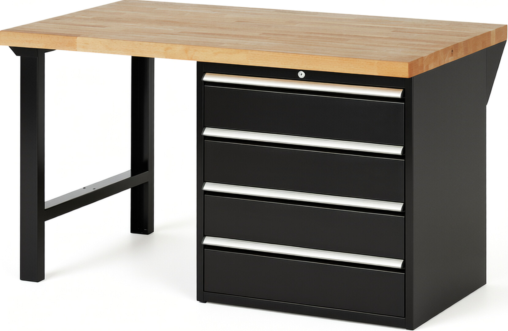 Werkbank Modell 7609 schwarz, BxTxH 1500x900x840 mm,  Buche-Massiv Arbeitsplatte 40 mm,  4 Schubladen mit  Auszug 90 %