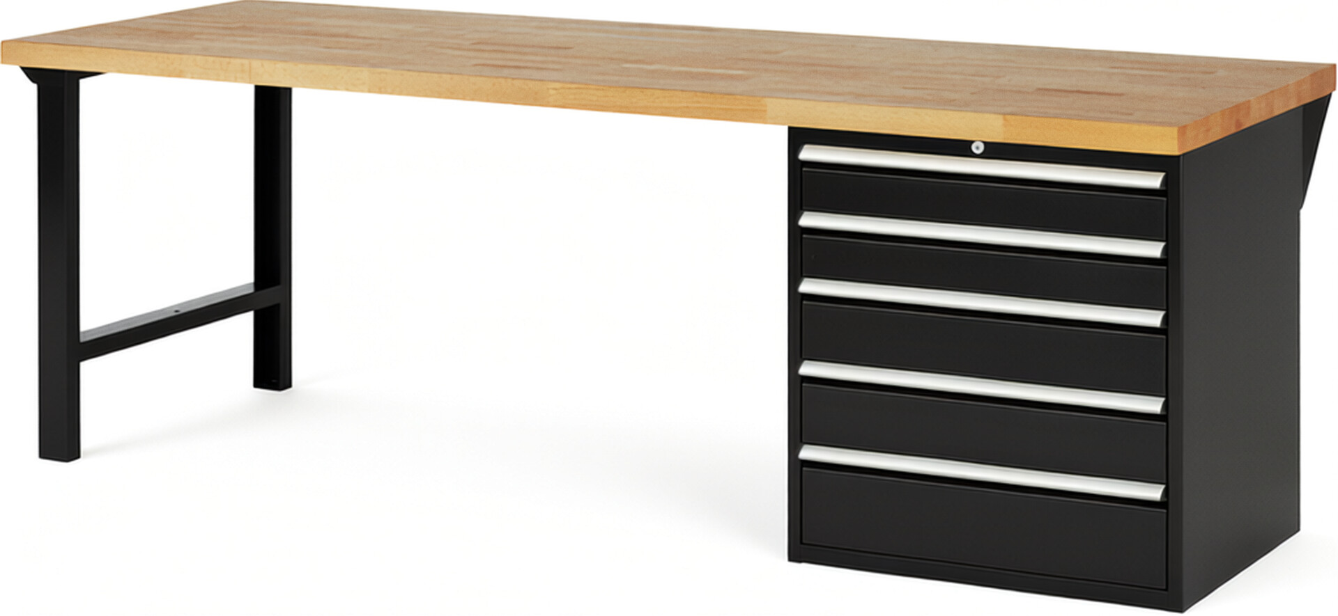 Werkbank Modell 7613 schwarz, BxTxH 2500x900x840 mm,  Buche-Massiv Arbeitsplatte 40 mm,  5 Schubladen mit  Auszug 90 %