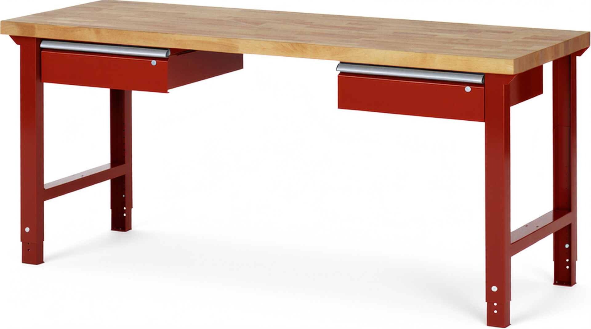 Werkbank Modell 7002 rot, BxTxH 2000x700x790-1140 mm,  Buche-Massiv Arbeitsplatte 40 mm,  2 Schubladen mit  Auszug 90 %