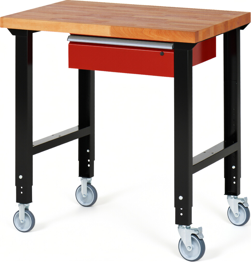 RAU Werkbank schwarz - rot - Breite 100 cm - Tiefe 70 cm - Höhe 100 cm - Buche-Massiv Arbeitsplatte 40 mm