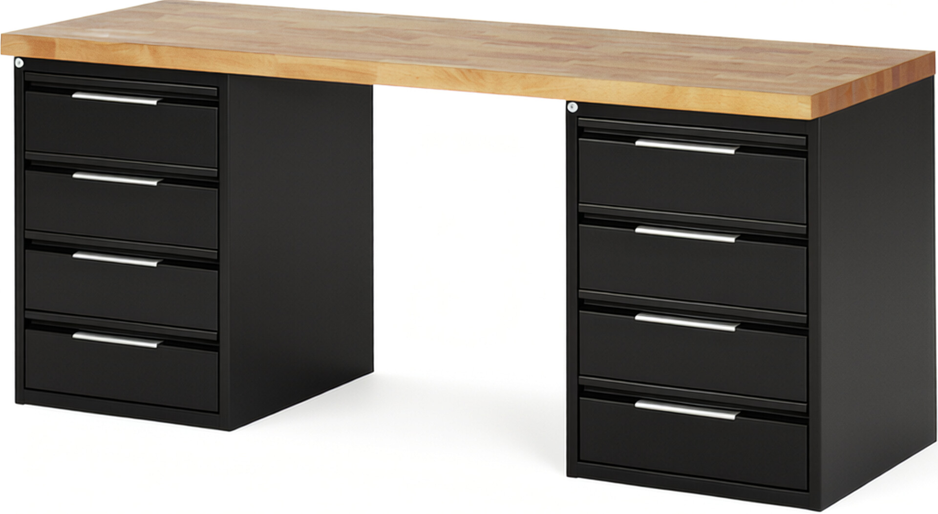 Werkbank - Modell 7509 BASIC schwarz, BxTxH 2000x700x890 mm,  Buche-Massiv Arbeitsplatte 40 mm,  8 Schubladen mit  Auszug 90 %