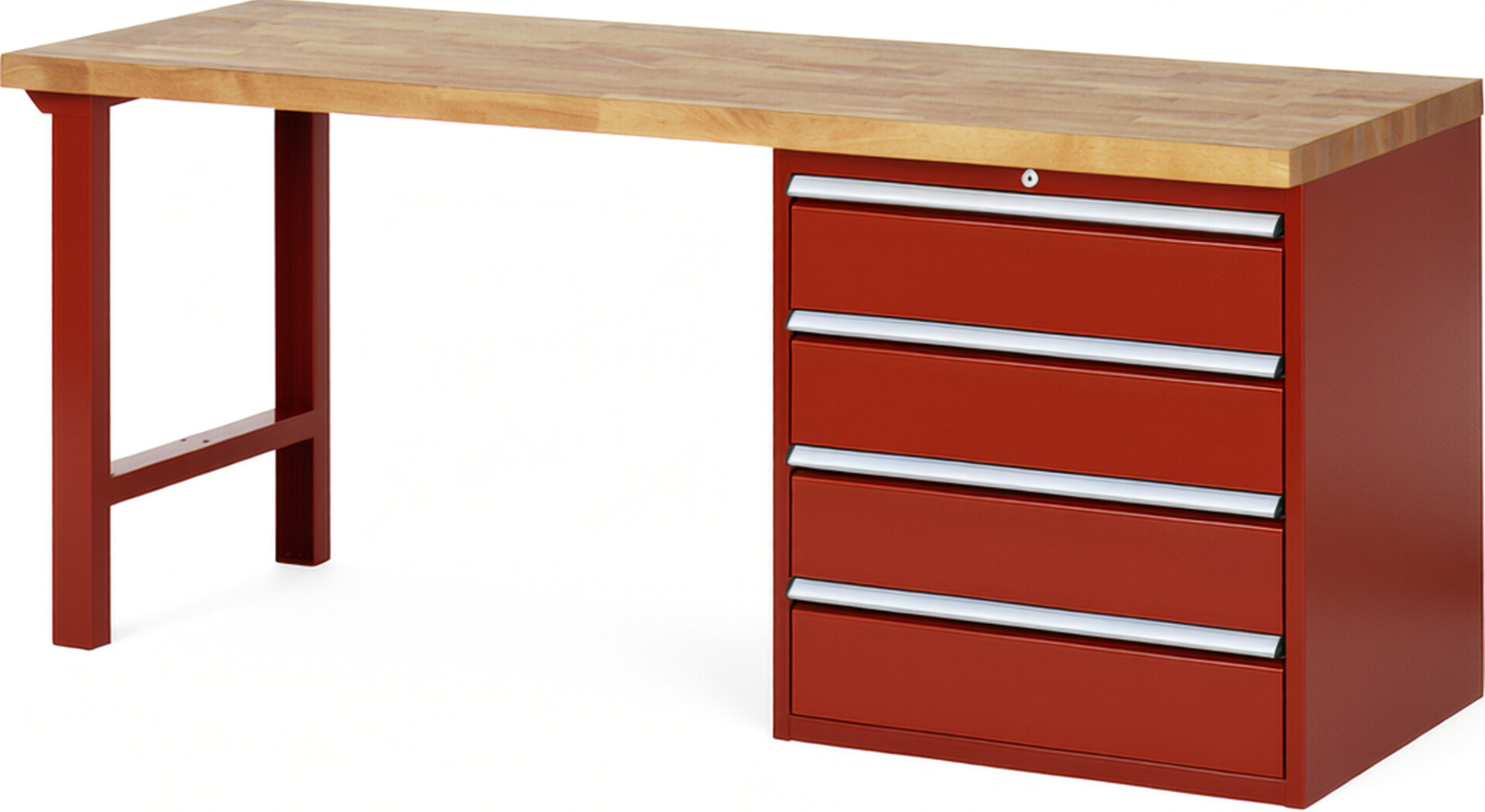 Werkbank Modell 7609 rot, BxTxH 2000x700x890 mm,  Buche-Massiv Arbeitsplatte 40 mm,  4 Schubladen mit  Vollauszug 100 % und  SoftClosing