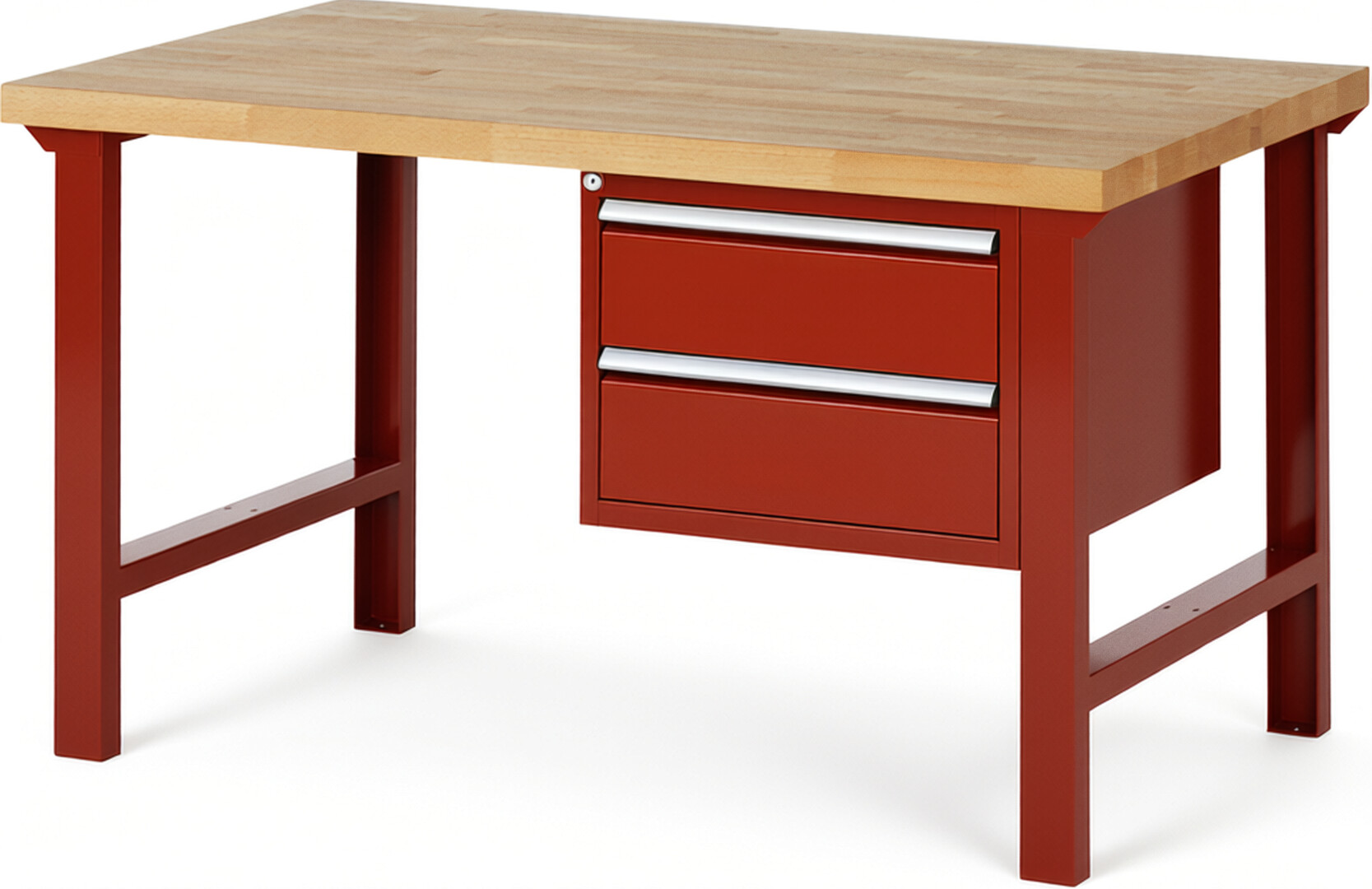Werkbank Modell 7125 rot, BxTxH 1500x900x840 mm,  Buche-Massiv Arbeitsplatte 40 mm,  2 Schubladen mit  Auszug 90 %
