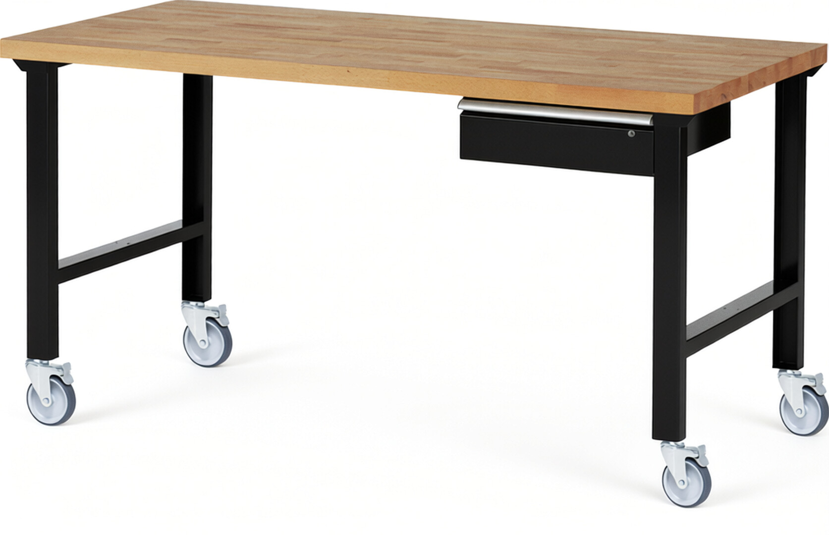 Fahrbare Werkbank Modell 7001 schwarz, BxTxH 2000x900x1000 mm,  Buche-Massiv Arbeitsplatte 40 mm,  1 Schublade mit  Auszug 90 %