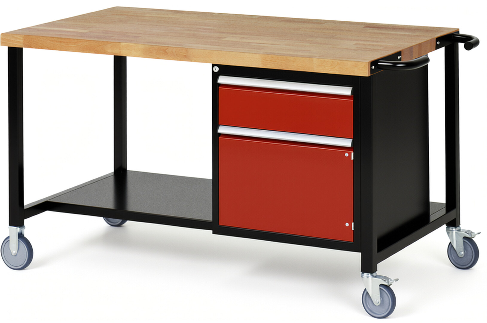 RAU Werkbank schwarz - rot - Breite 150 cm - Tiefe 90 cm - Höhe 108 cm - Buche-Massiv Arbeitsplatte 40 mm