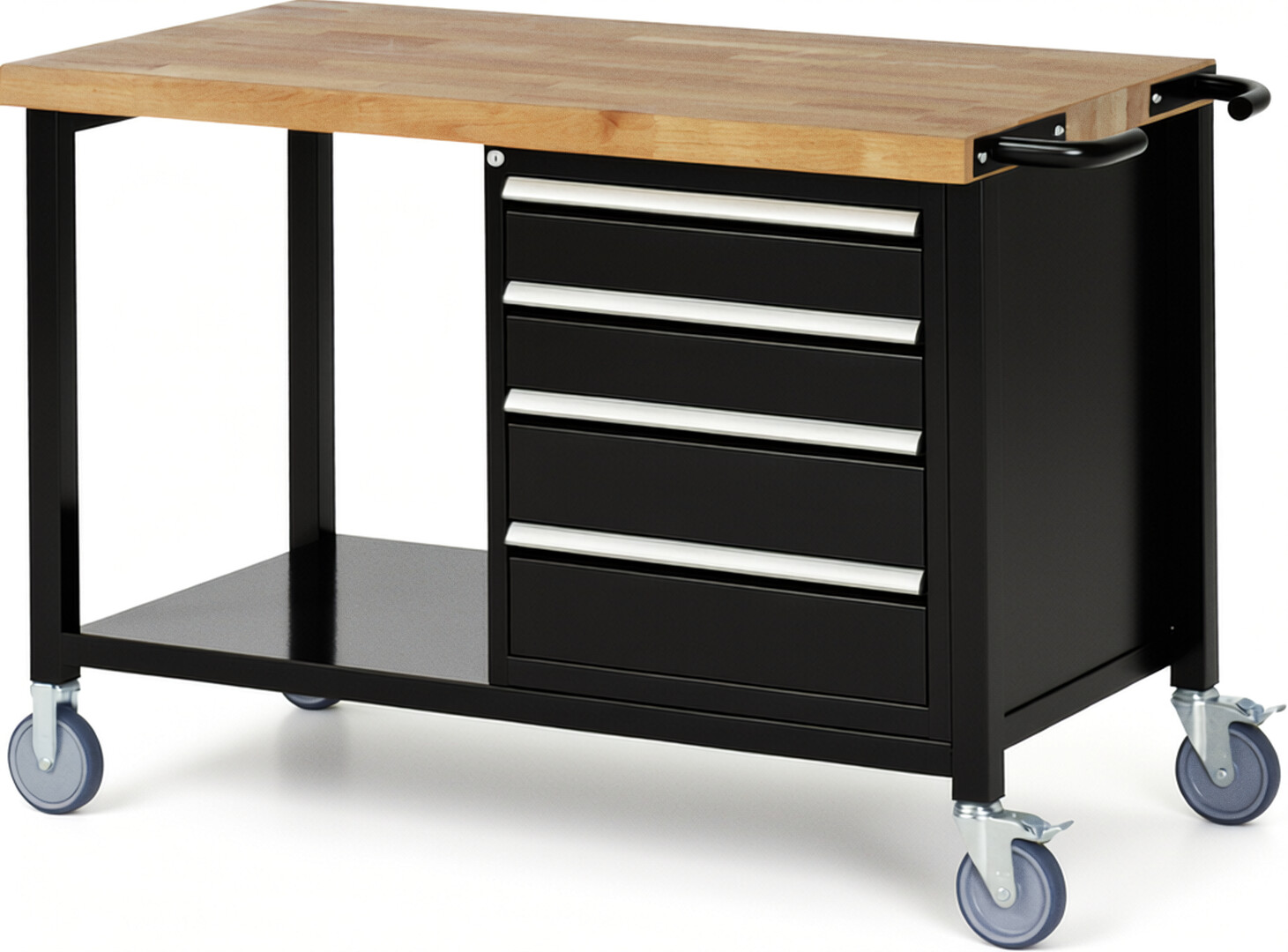 Fahrbare Werkbank Modell 8162 schwarz, BxTxH 1250x700x880 mm,  Buche-Massiv Arbeitsplatte 40 mm,  4 Schubladen mit  Auszug 90 %