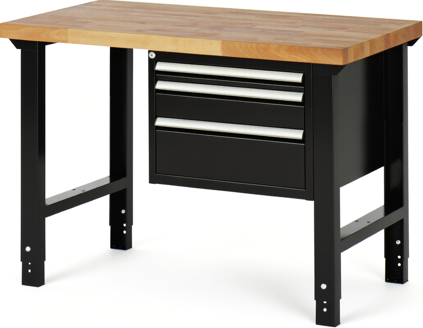 Werkbank Modell 7126 schwarz, BxTxH 1250x700x790-1140 mm,  Buche-Massiv Arbeitsplatte 40 mm,  3 Schubladen mit  Auszug 90 %