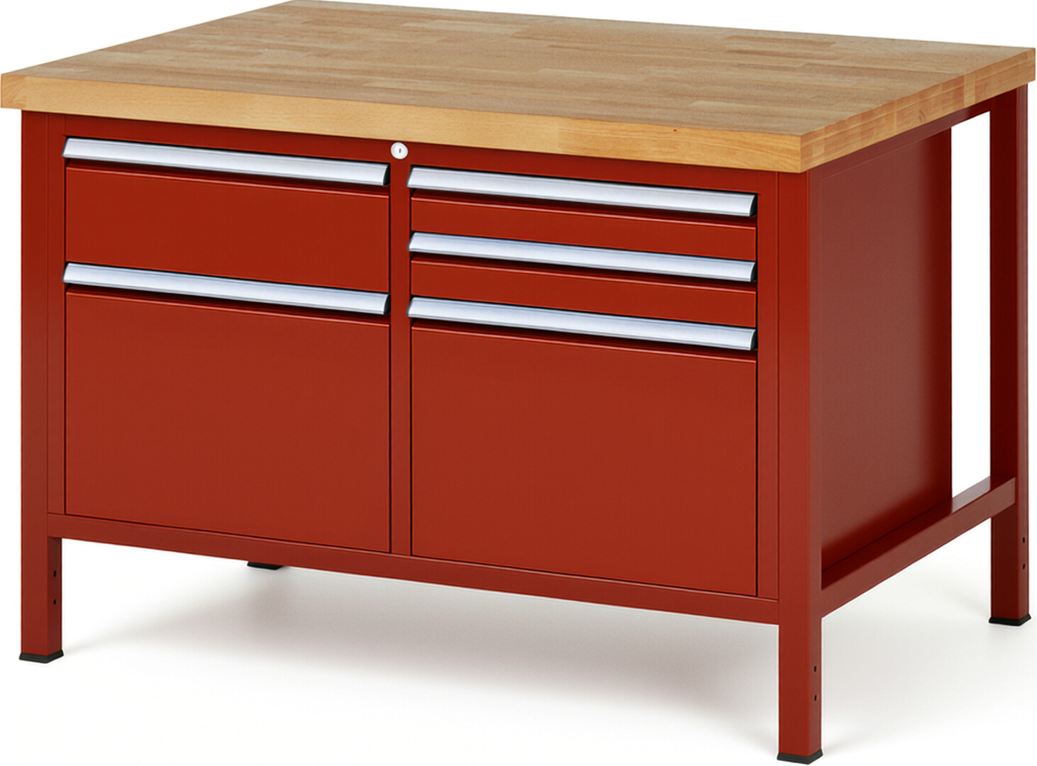 Werkbank Modell 8472 rot, BxTxH 1250x900x840 mm,  Buche-Massiv Arbeitsplatte 40 mm,  5 Schubladen mit  Vollauszug 100 % und  SoftClosing