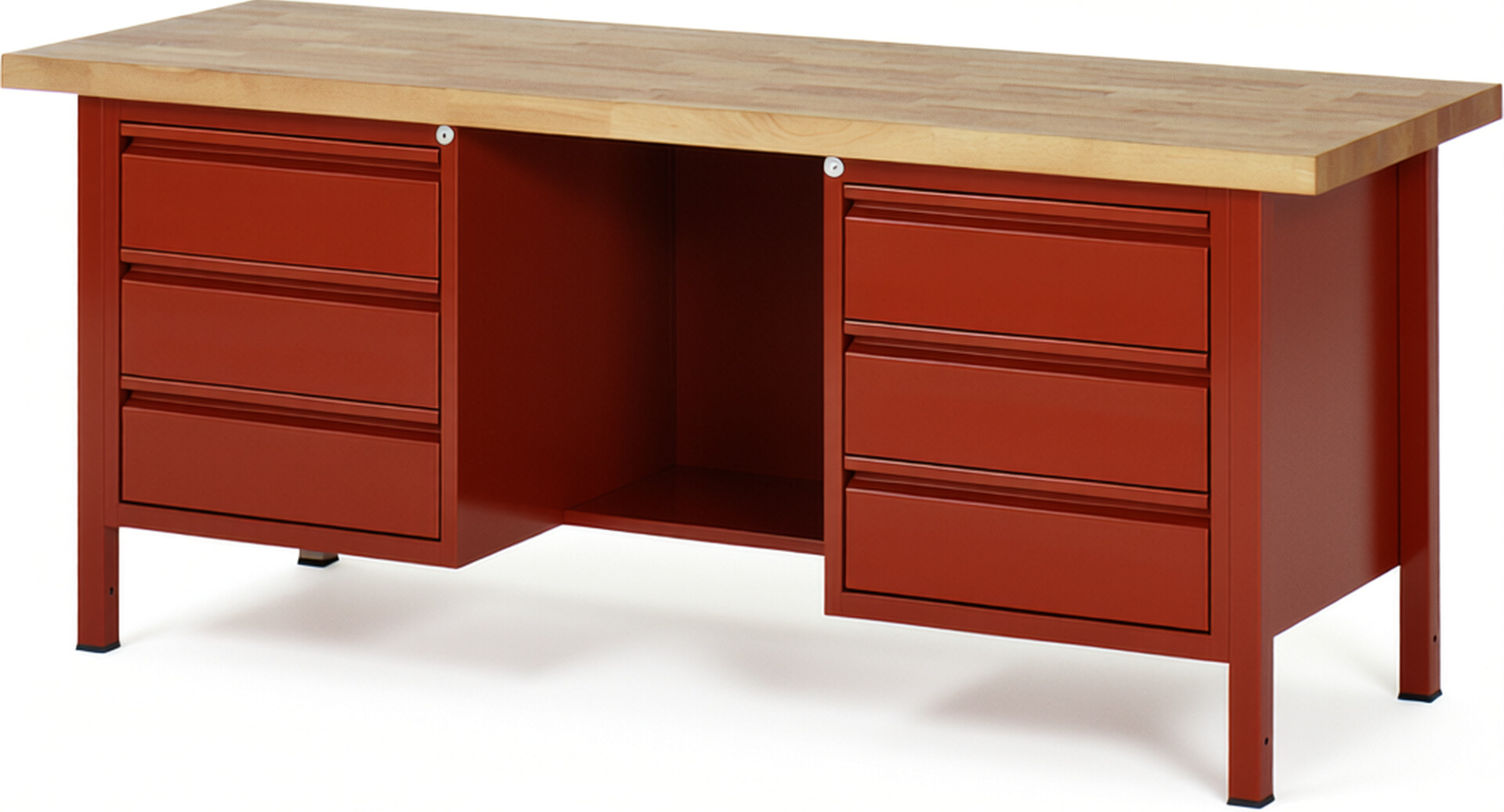 Werkbank - Modell 8554 BASIC rot, BxTxH 2000x700x840-1040 mm,  Buche-Massiv Arbeitsplatte 40 mm,  6 Schubladen mit  Auszug 90 %