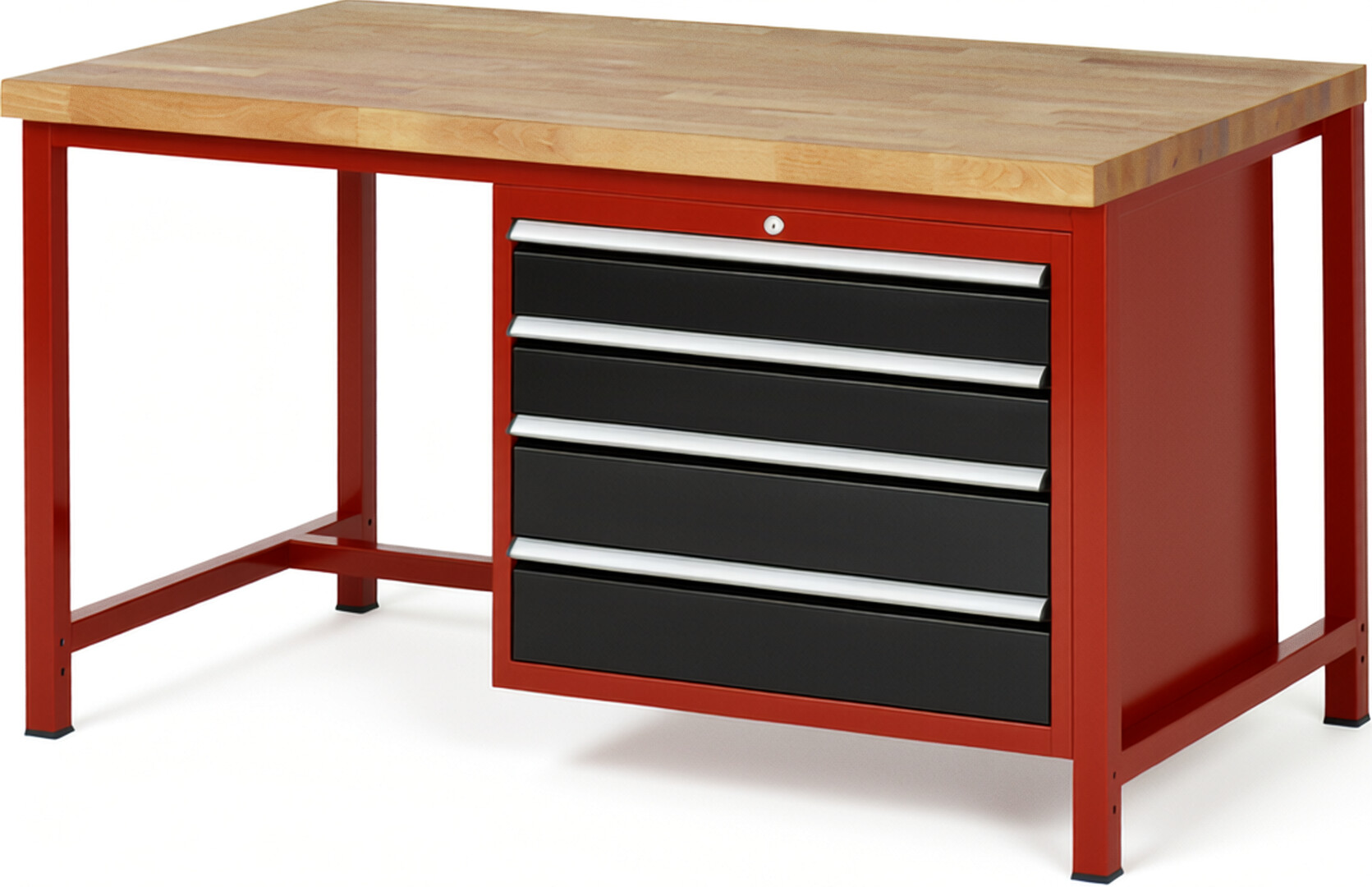 Werkbank Modell 8262 rot - schwarz, BxTxH 1500x900x840 mm,  Buche-Massiv Arbeitsplatte 40 mm,  4 Schubladen mit  Auszug 90 %