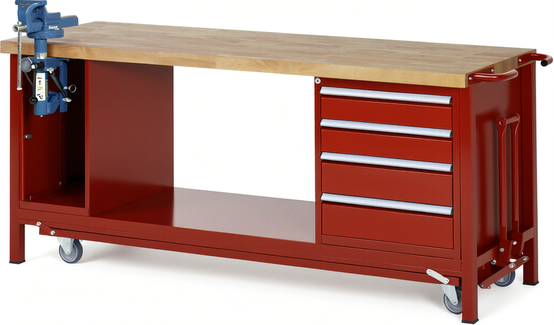 Absenkbare Werkbank Modell 8185 rot, BxTxH 2000x700x880 mm,  Buche-Massiv Arbeitsplatte 40 mm,  4 Schubladen mit  Vollauszug 100 % und  SoftClosing