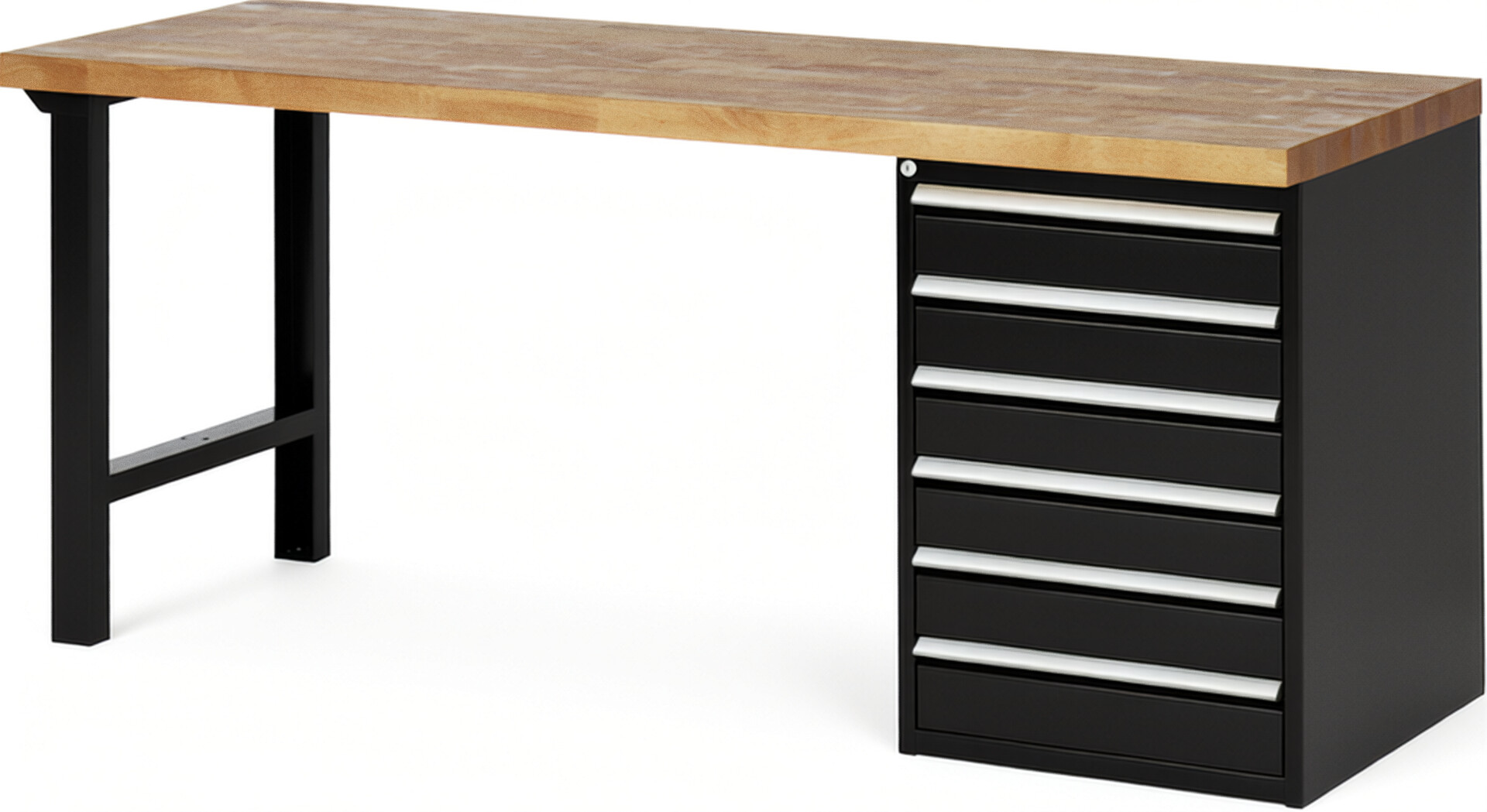 Werkbank Modell 7516 schwarz, BxTxH 2000x700x840 mm,  Buche-Massiv Arbeitsplatte 40 mm,  6 Schubladen mit  Vollauszug 100 % und  SoftClosing