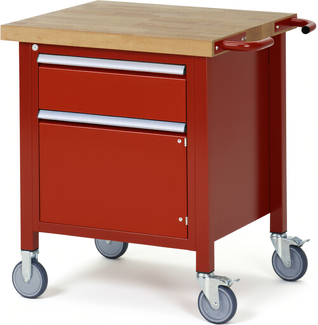 Fahrbare Werkbank Modell 8152 rot, BxTxH 750x700x880-1080 mm,  Buche-Massiv Arbeitsplatte 40 mm,  1 Schublade mit  Auszug 90 %