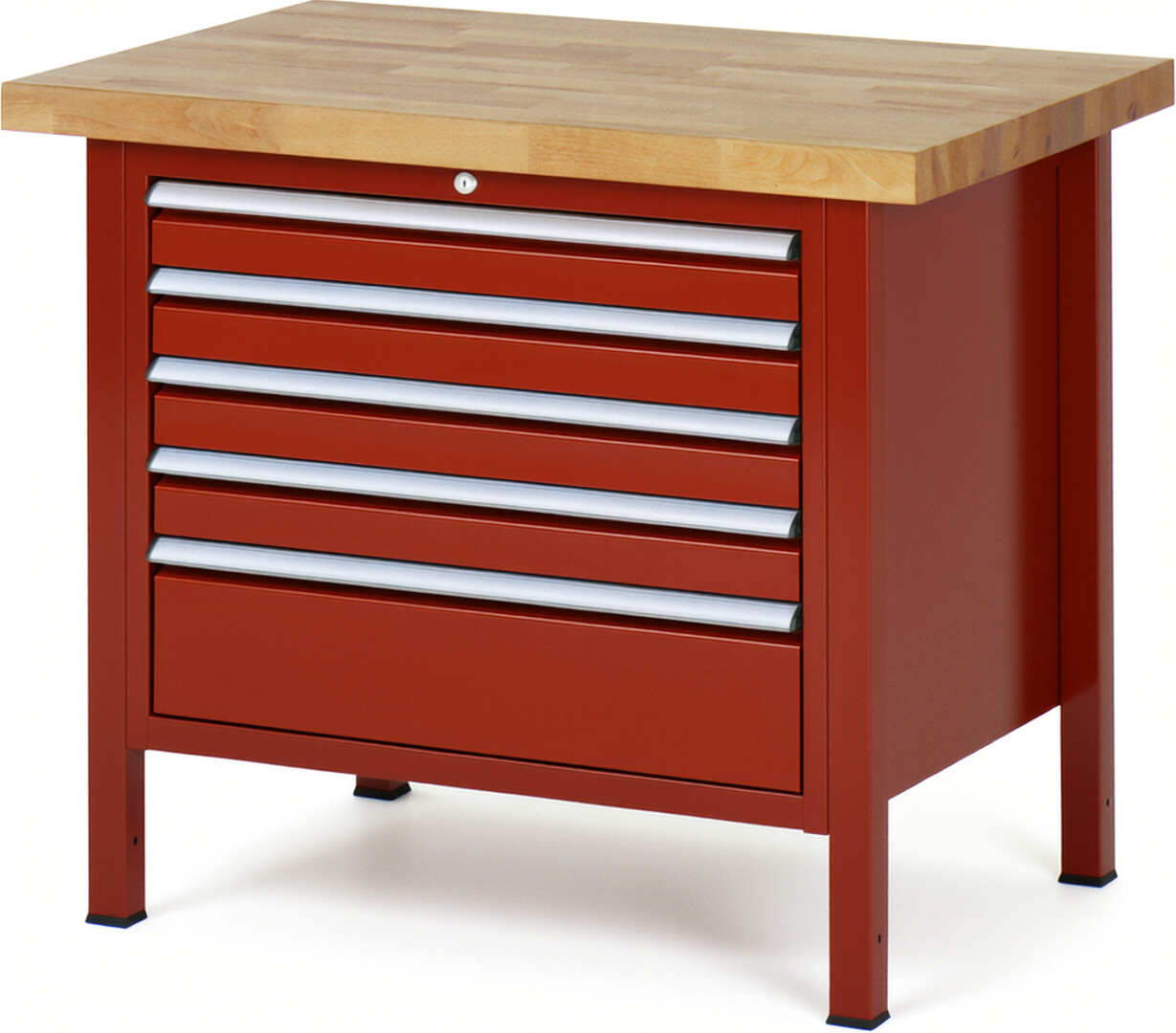 Werkbank Modell 8268 rot, BxTxH 1000x700x840-1040 mm,  Buche-Massiv Arbeitsplatte 40 mm,  5 Schubladen mit  Auszug 90 %