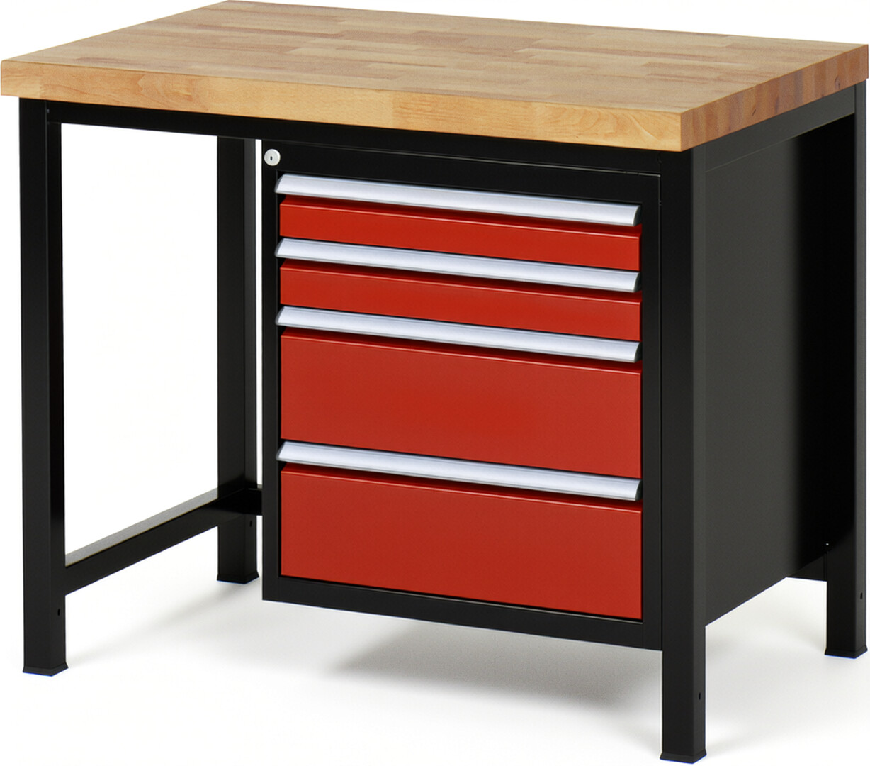 RAU Werkbank schwarz - rot - Breite 100 cm - Tiefe 70 cm - Höhe 104 cm - Buche-Massiv Arbeitsplatte 40 mm