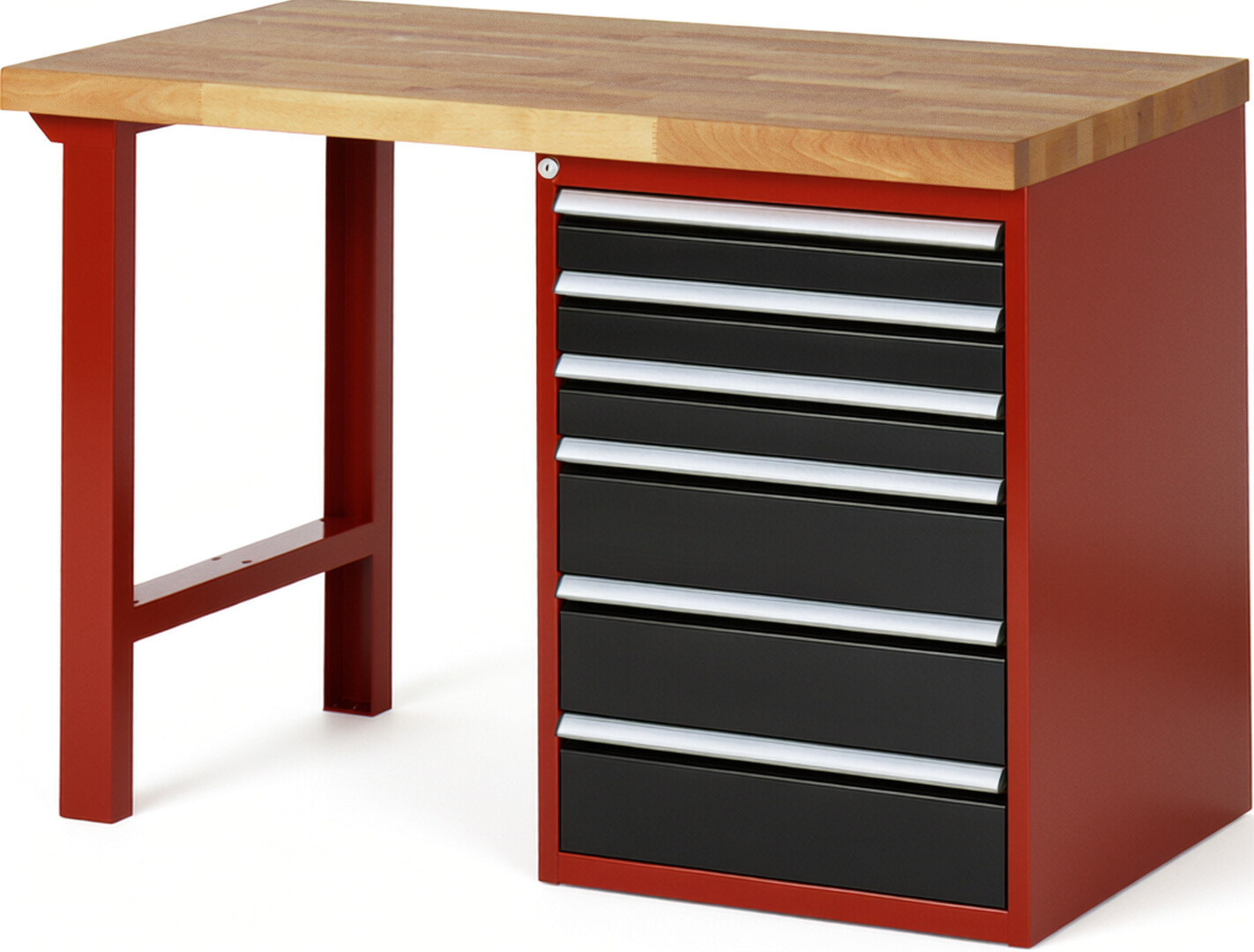 Werkbank Modell 7515 rot - schwarz, BxTxH 1250x700x890 mm,  Buche-Massiv Arbeitsplatte 40 mm,  6 Schubladen mit  Vollauszug 100 % und  SoftClosing