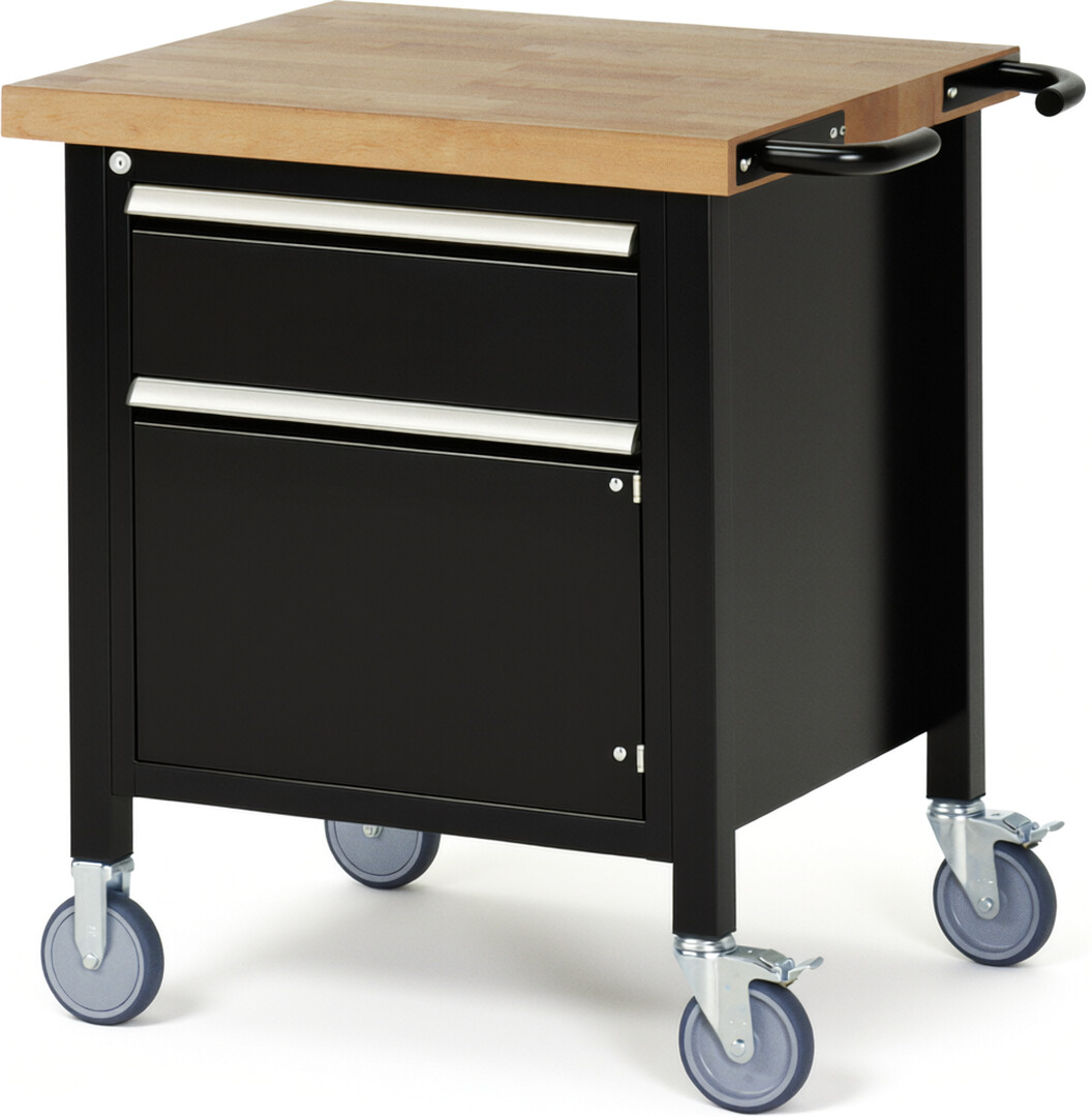 Fahrbare Werkbank Modell 8152 schwarz, BxTxH 750x700x880-1080 mm,  Buche-Massiv Arbeitsplatte 40 mm,  1 Schublade mit  Auszug 90 %