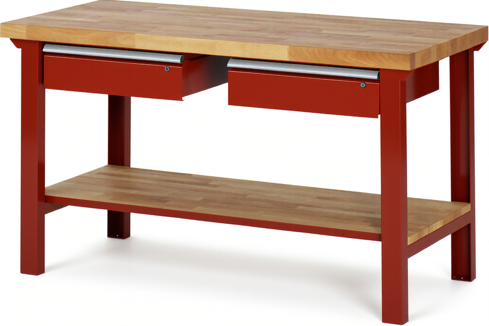 Werkbank Modell 7002 rot, BxTxH 1500x700x840 mm,  Buche-Massiv Arbeitsplatte 40 mm,  2 Schubladen mit  Auszug 90 %