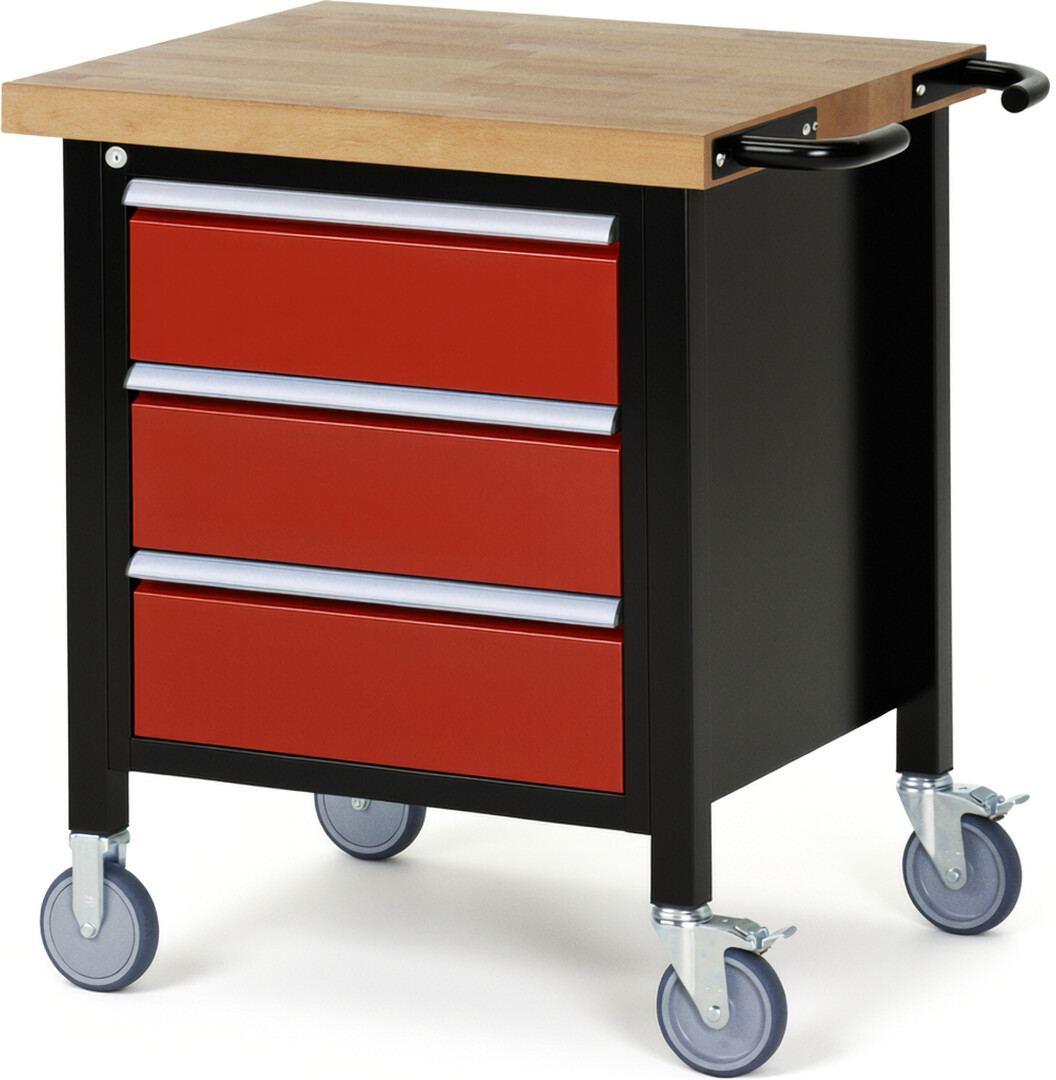 RAU Werkbank schwarz - rot - Breite 75 cm - Tiefe 70 cm - Höhe 108 cm - Buche-Massiv Arbeitsplatte 40 mm
