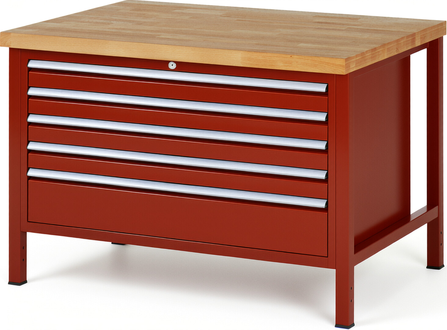 Werkbank Modell 8368 rot, BxTxH 1250x900x840 mm,  Buche-Massiv Arbeitsplatte 40 mm,  5 Schubladen mit  Auszug 90 %