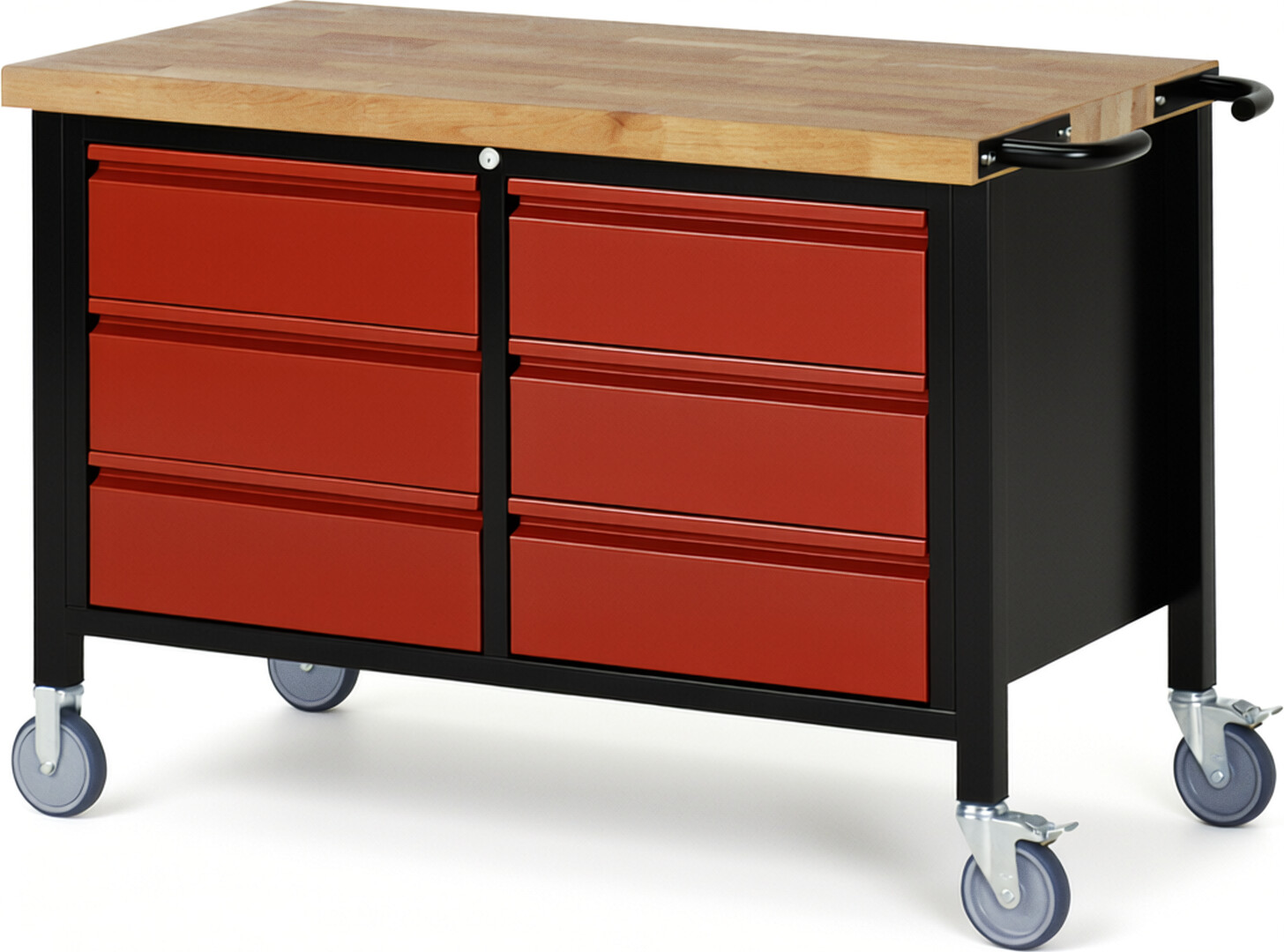 RAU Werkbank schwarz - rot - Breite 125 cm - Tiefe 70 cm - Höhe 88 cm - Buche-Massiv Arbeitsplatte 40 mm
