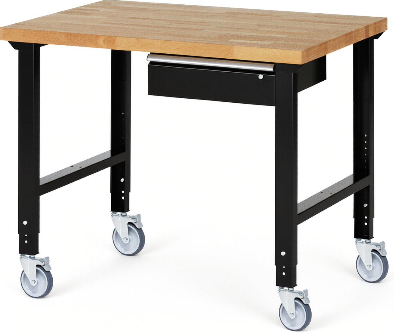 Fahrbare Werkbank Modell 7001 schwarz, BxTxH 1250x900x950-1000 mm,  Buche-Massiv Arbeitsplatte 40 mm,  1 Schublade mit  Auszug 90 %