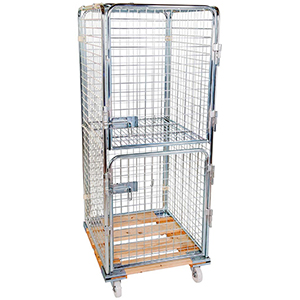 Rollbox mit Drahtgitterwänden, 5-seitig (2 Türen), 1 Boden, Nutzhöhe 1585 mm, BxTxH 810x720x1800 mm, Bodenplatte aus Holz, natur