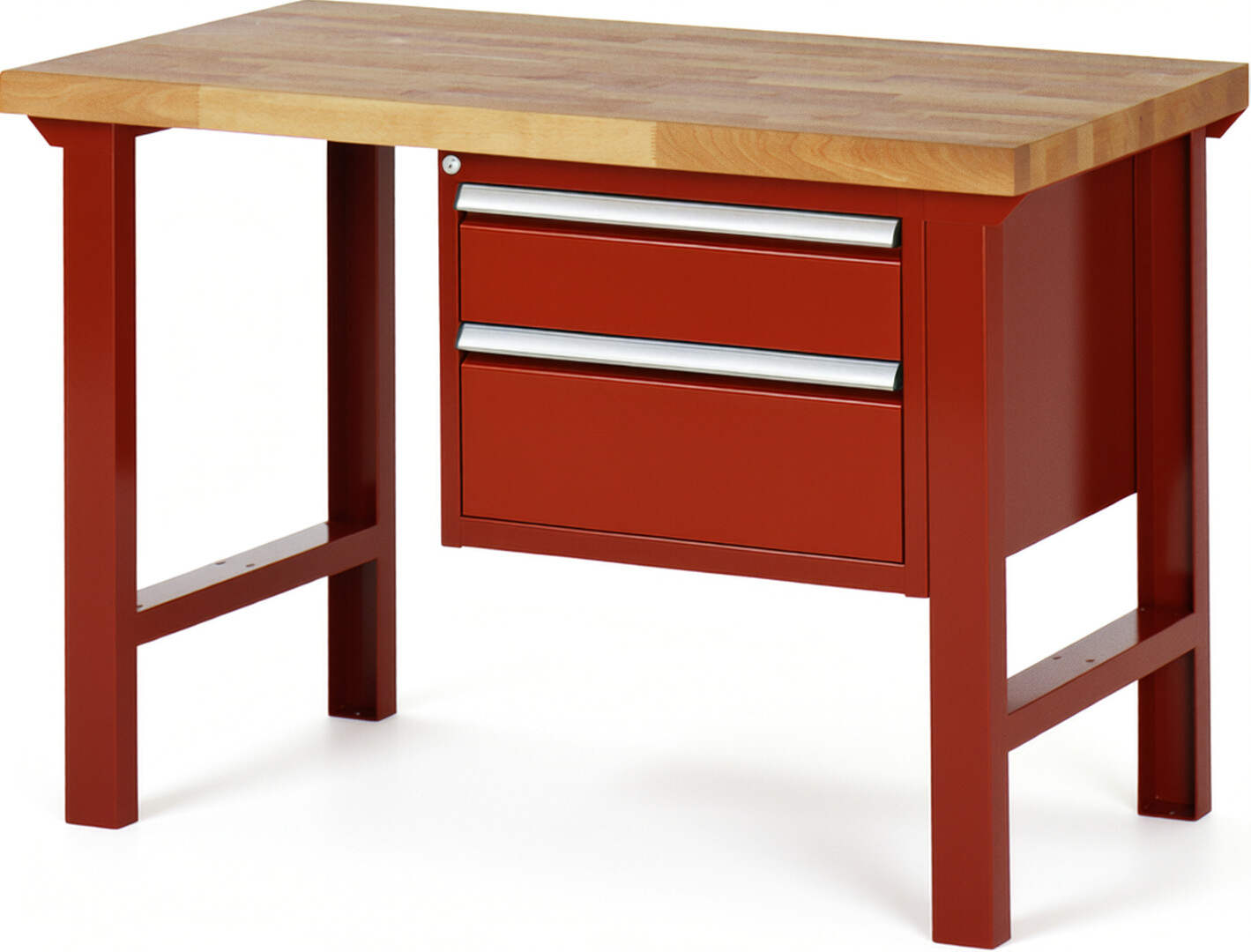 Werkbank Modell 7123 rot, BxTxH 1250x700x840 mm,  Buche-Massiv Arbeitsplatte 40 mm,  2 Schubladen mit  Vollauszug 100 % und  SoftClosing