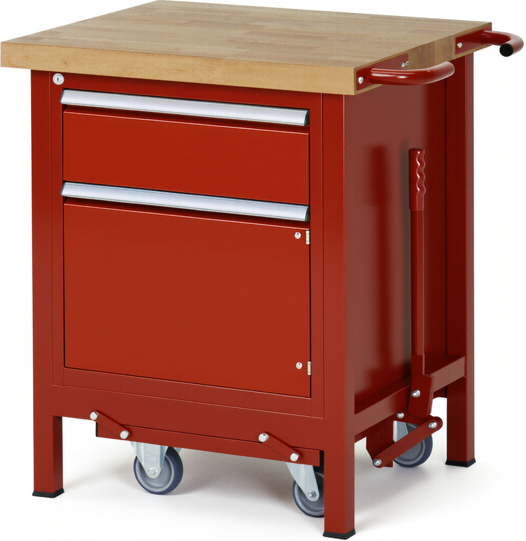 Absenkbare Werkbank Modell 8152 rot, BxTxH 750x700x880 mm,  Buche-Massiv Arbeitsplatte 40 mm,  1 Schublade mit  Auszug 90 %