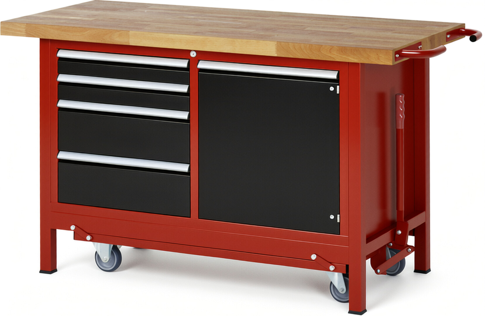 Absenkbare Werkbank Modell 8470 rot - schwarz, BxTxH 1500x700x880 mm,  Buche-Massiv Arbeitsplatte 40 mm,  4 Schubladen mit  Vollauszug 100 % und  SoftClosing