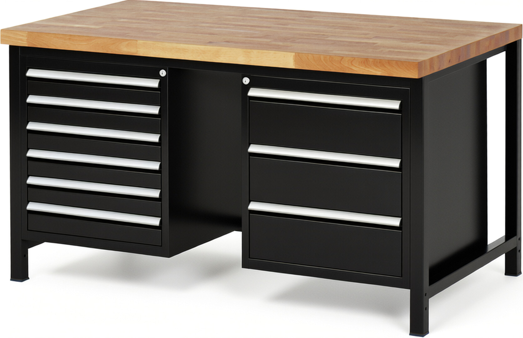Werkbank Modell 8183 schwarz, BxTxH 1500x900x840-1040 mm,  Buche-Massiv Arbeitsplatte 40 mm,  9 Schubladen mit  Auszug 90 %