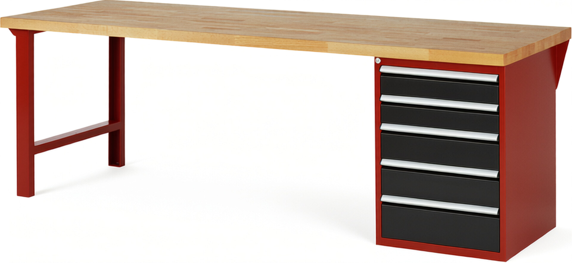 Werkbank Modell 7513 rot - schwarz, BxTxH 2500x900x890 mm,  Buche-Massiv Arbeitsplatte 40 mm,  5 Schubladen mit  Auszug 90 %