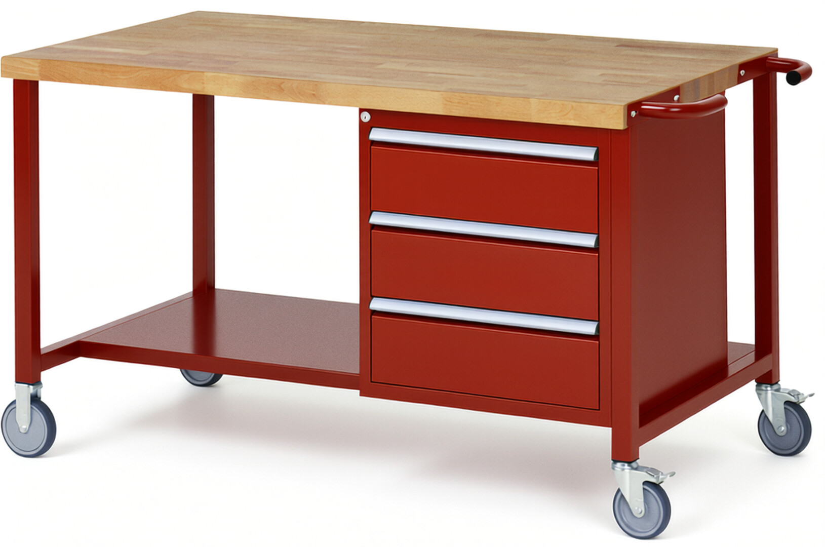 Fahrbare Werkbank Modell 8157 rot, BxTxH 1500x900x880 mm,  Buche-Massiv Arbeitsplatte 40 mm,  3 Schubladen mit  Auszug 90 %