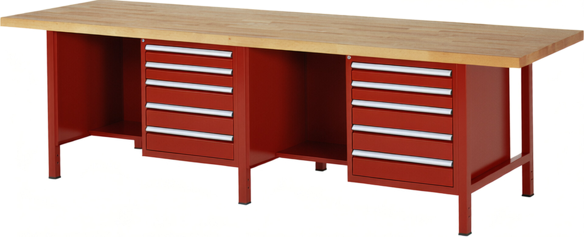 Werkbank Modell 8454 rot, BxTxH 3000x900x840-1040 mm,  Buche-Massiv Arbeitsplatte 40 mm,  10 Schubladen mit  Auszug 90 %