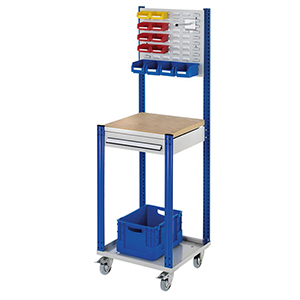 Steharbeitsplatz, Workstation, fahrbar, Breite 50 cm, Tiefe 50 cm, Höhe 173 cm, 1 Schublade(n), Platte: Multiplex