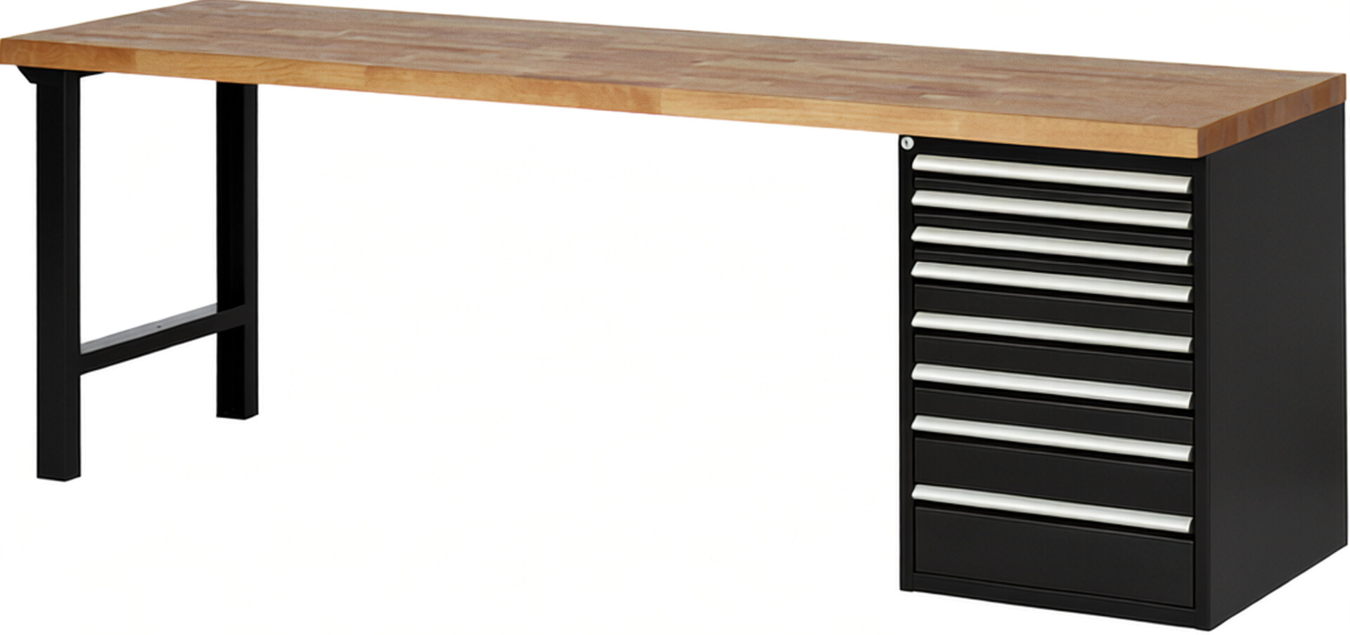 Werkbank Modell 7519 schwarz, BxTxH 2500x700x890 mm,  Buche-Massiv Arbeitsplatte 40 mm,  8 Schubladen mit  Vollauszug 100 % und  SoftClosing