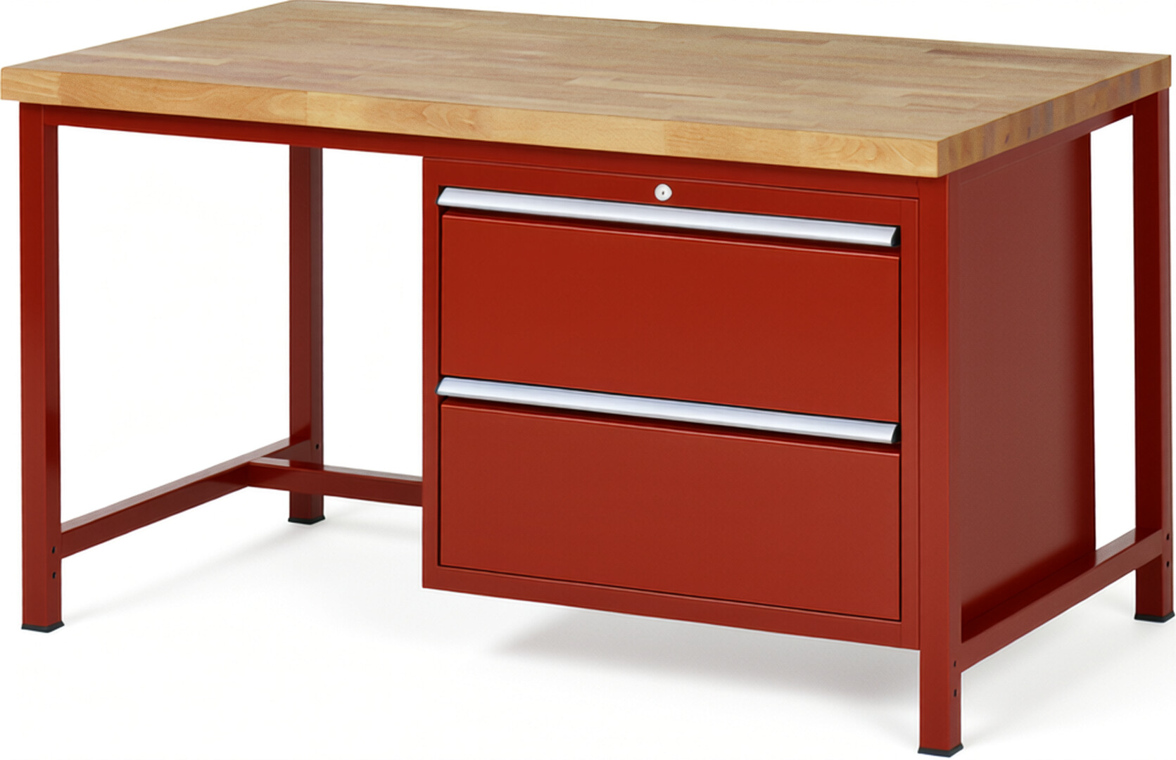 Werkbank Modell 8255 rot, BxTxH 1500x900x840-1040 mm,  Buche-Massiv Arbeitsplatte 40 mm,  2 Schubladen mit  Vollauszug 100 % und  SoftClosing