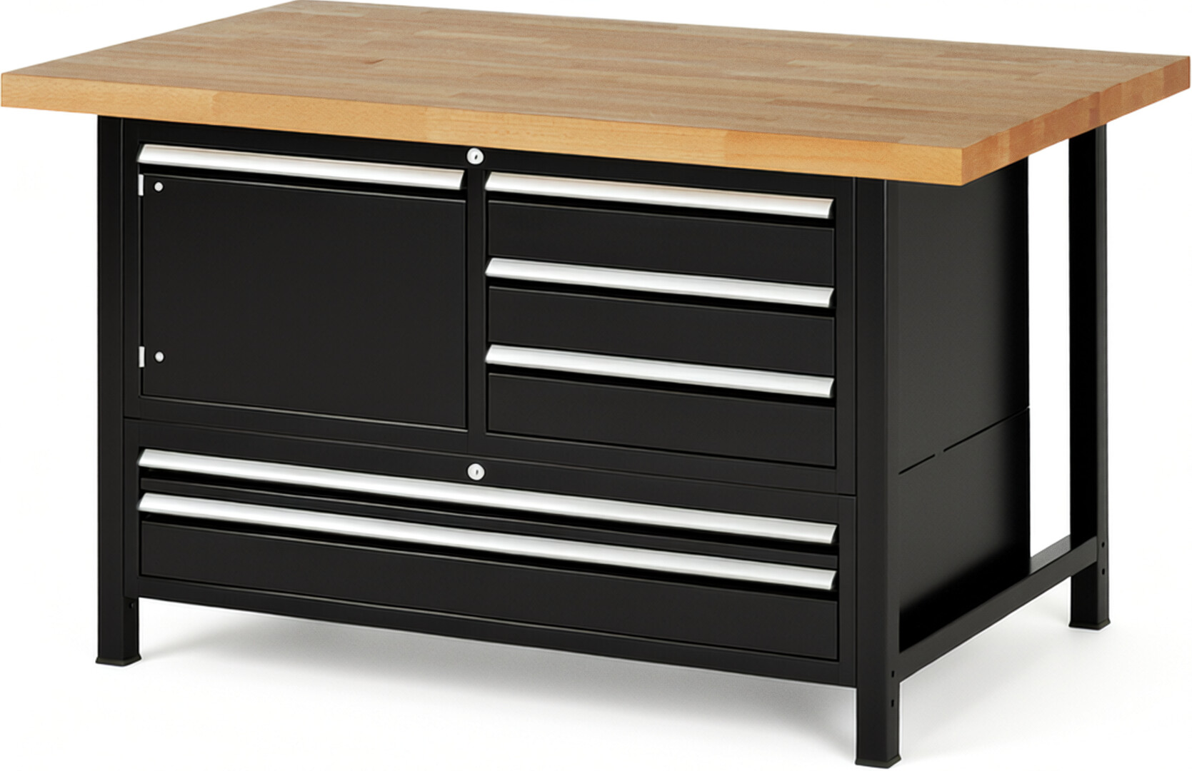 Werkbank Modell 8932 schwarz, BxTxH 1500x900x840 mm,  Buche-Massiv Arbeitsplatte 40 mm,  5 Schubladen mit  Vollauszug 100 % und  SoftClosing
