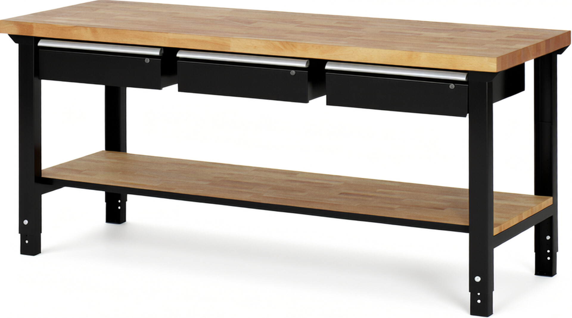 Werkbank Modell 7003 schwarz, BxTxH 2000x700x790-1140 mm,  Buche-Massiv Arbeitsplatte 40 mm,  3 Schubladen mit  Auszug 90 %