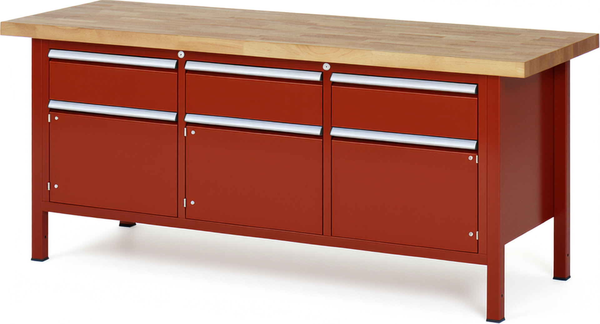 Werkbank Modell 8567 rot, BxTxH 2000x700x840-1040 mm,  Buche-Massiv Arbeitsplatte 40 mm,  3 Schubladen mit  Vollauszug 100 % und  SoftClosing