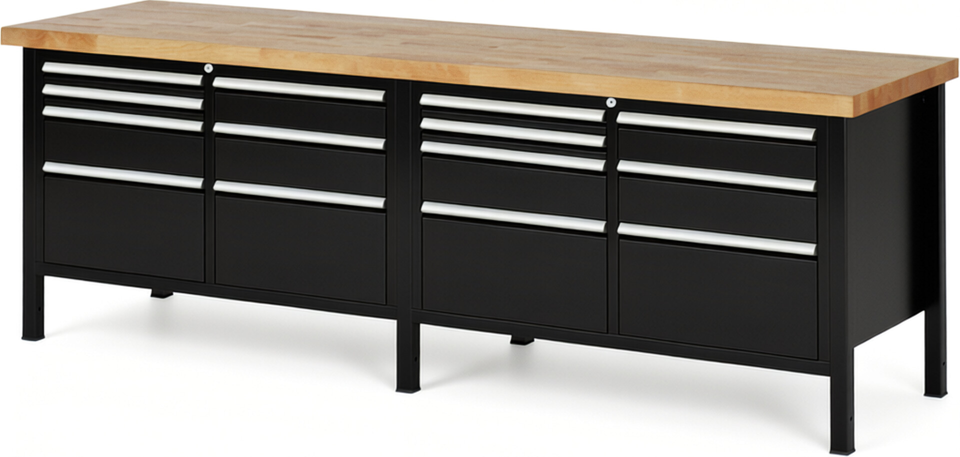 Werkbank Modell 8476 schwarz, BxTxH 2500x700x840 mm,  Buche-Massiv Arbeitsplatte 40 mm,  14 Schubladen mit  Vollauszug 100 % und  SoftClosing