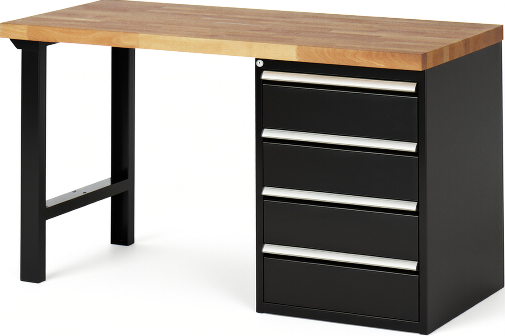 Werkbank Modell 7509 schwarz, BxTxH 1500x700x890 mm,  Buche-Massiv Arbeitsplatte 40 mm,  4 Schubladen mit  Vollauszug 100 % und  SoftClosing