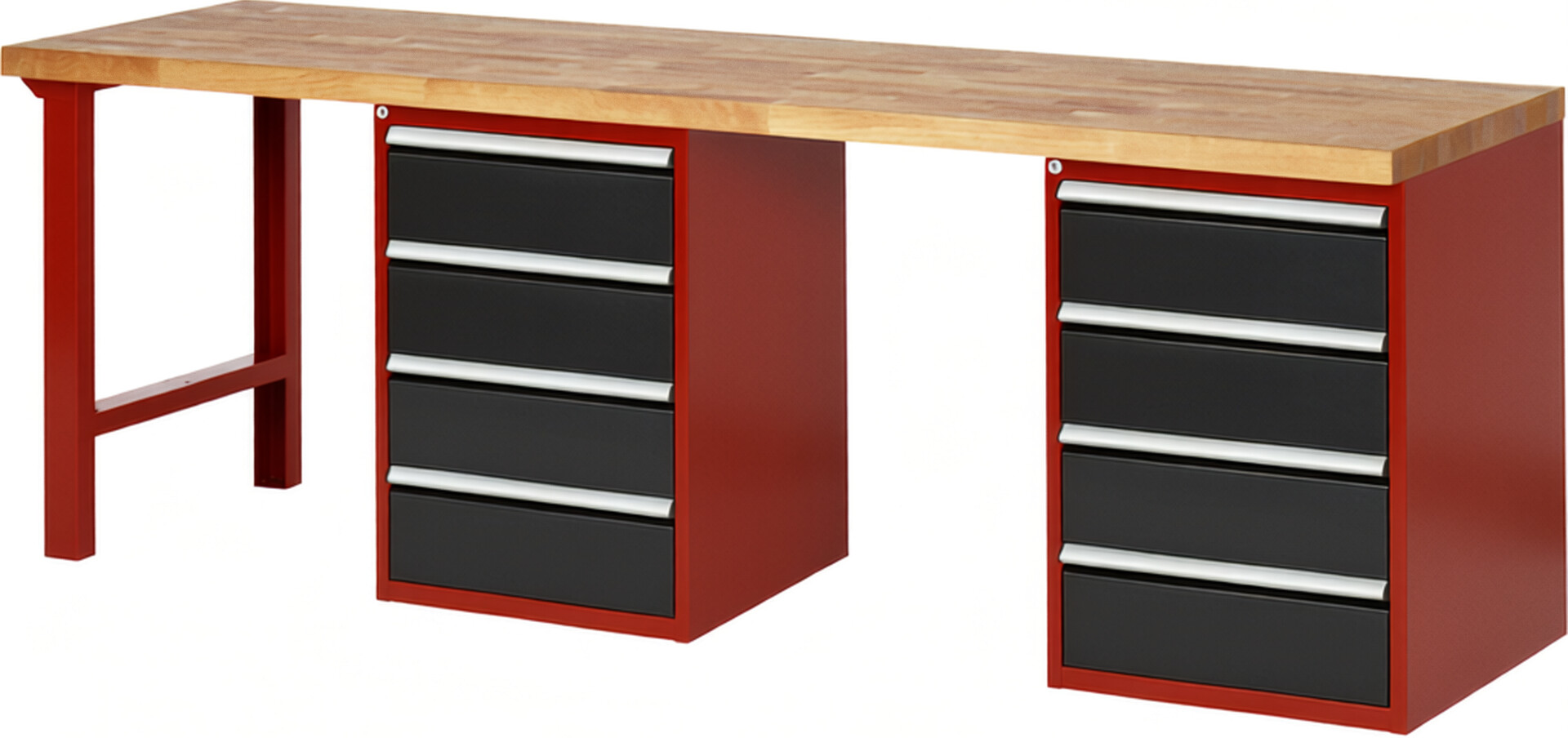Werkbank Modell 7509 rot - schwarz, BxTxH 2500x700x890 mm,  Buche-Massiv Arbeitsplatte 40 mm,  8 Schubladen mit  Auszug 90 %