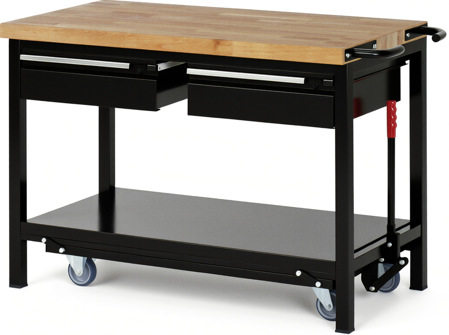 Absenkbare Werkbank - Modell 8002 BASIC schwarz, BxTxH 1250x700x880 mm,  Buche-Massiv Arbeitsplatte 40 mm,  2 Schubladen mit  Auszug 90 %