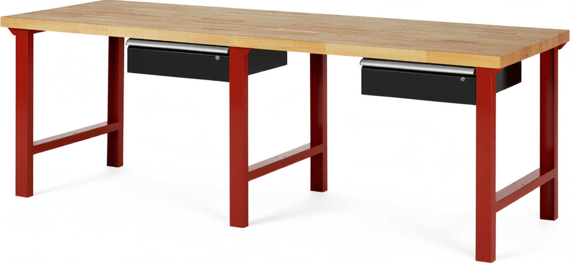 Werkbank Modell 7001 rot - schwarz, BxTxH 2500x900x840 mm,  Buche-Massiv Arbeitsplatte 40 mm,  2 Schubladen mit  Auszug 90 %