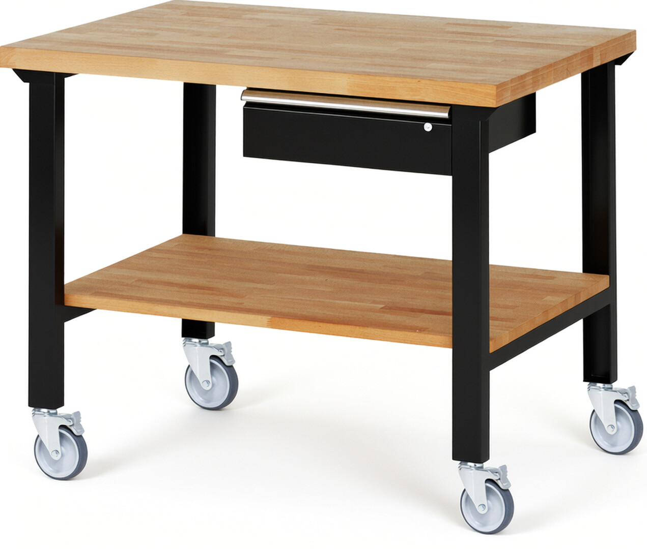 Fahrbare Werkbank Modell 7001 schwarz, BxTxH 1250x900x1000 mm,  Buche-Massiv Arbeitsplatte 40 mm,  1 Schublade mit  Auszug 90 %