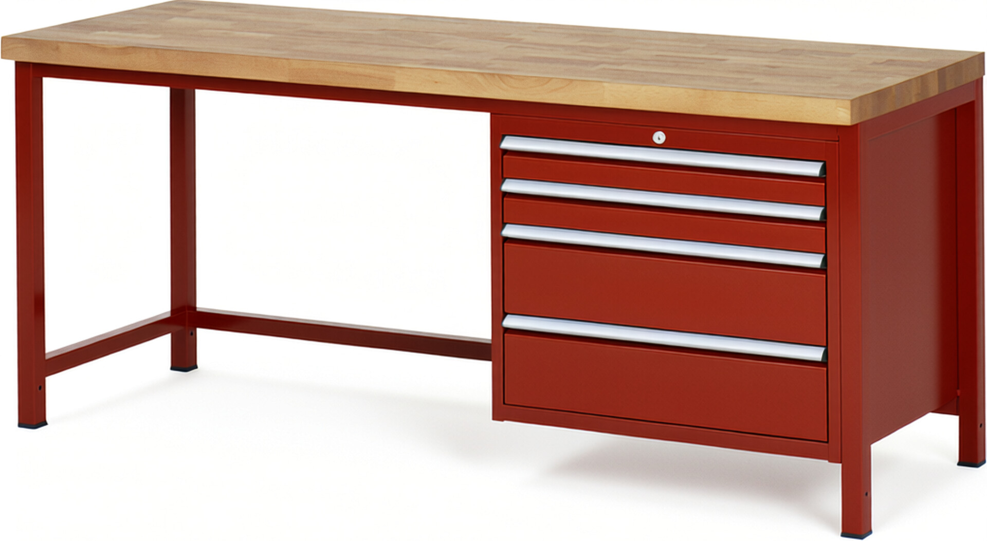 Werkbank Modell 8261 rot, BxTxH 2000x700x840 mm,  Buche-Massiv Arbeitsplatte 40 mm,  4 Schubladen mit  Vollauszug 100 % und  SoftClosing