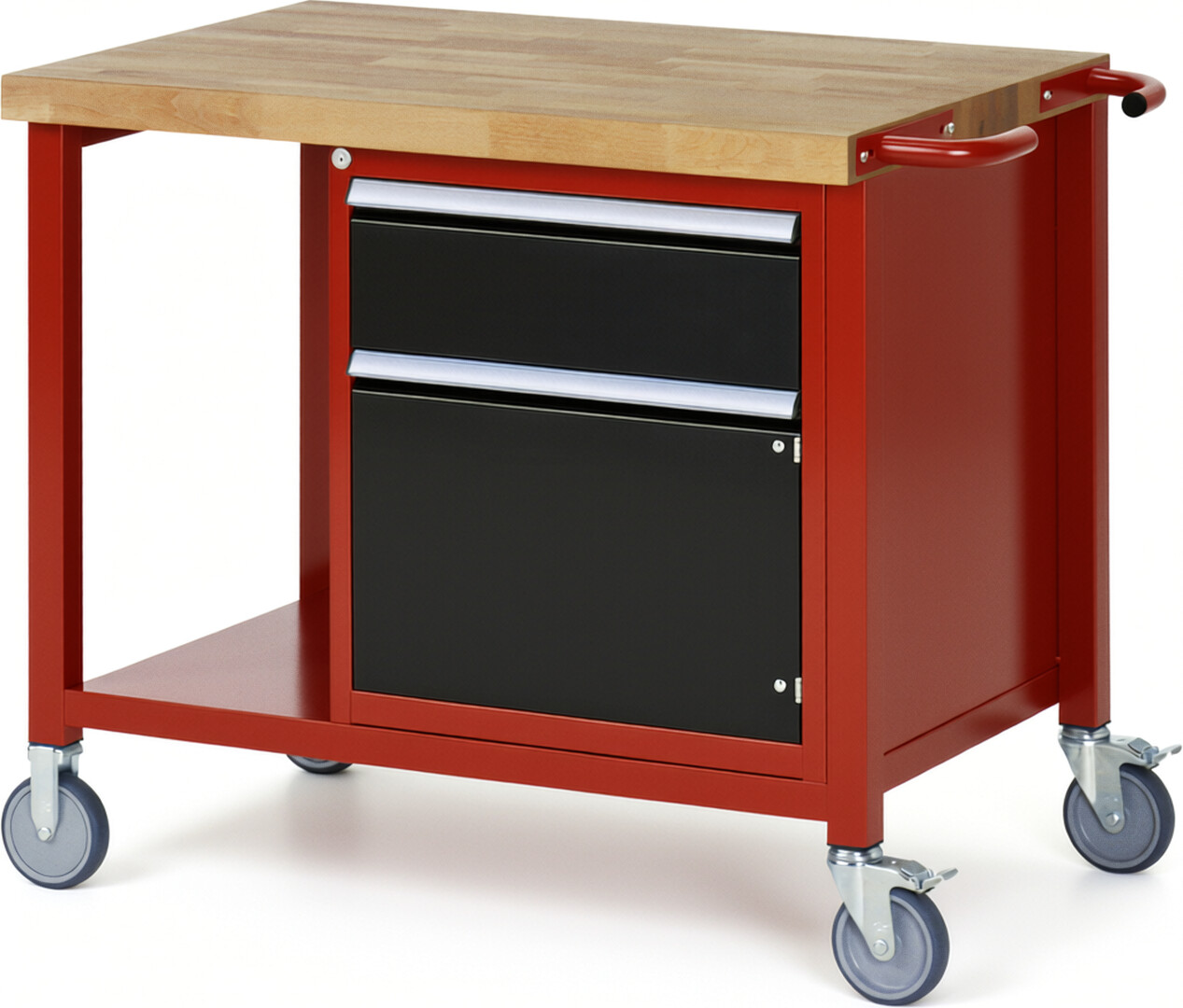 Fahrbare Werkbank Modell 8152 rot - schwarz, BxTxH 1000x700x880 mm,  Buche-Massiv Arbeitsplatte 40 mm,  1 Schublade mit  Vollauszug 100 % und  SoftClosing