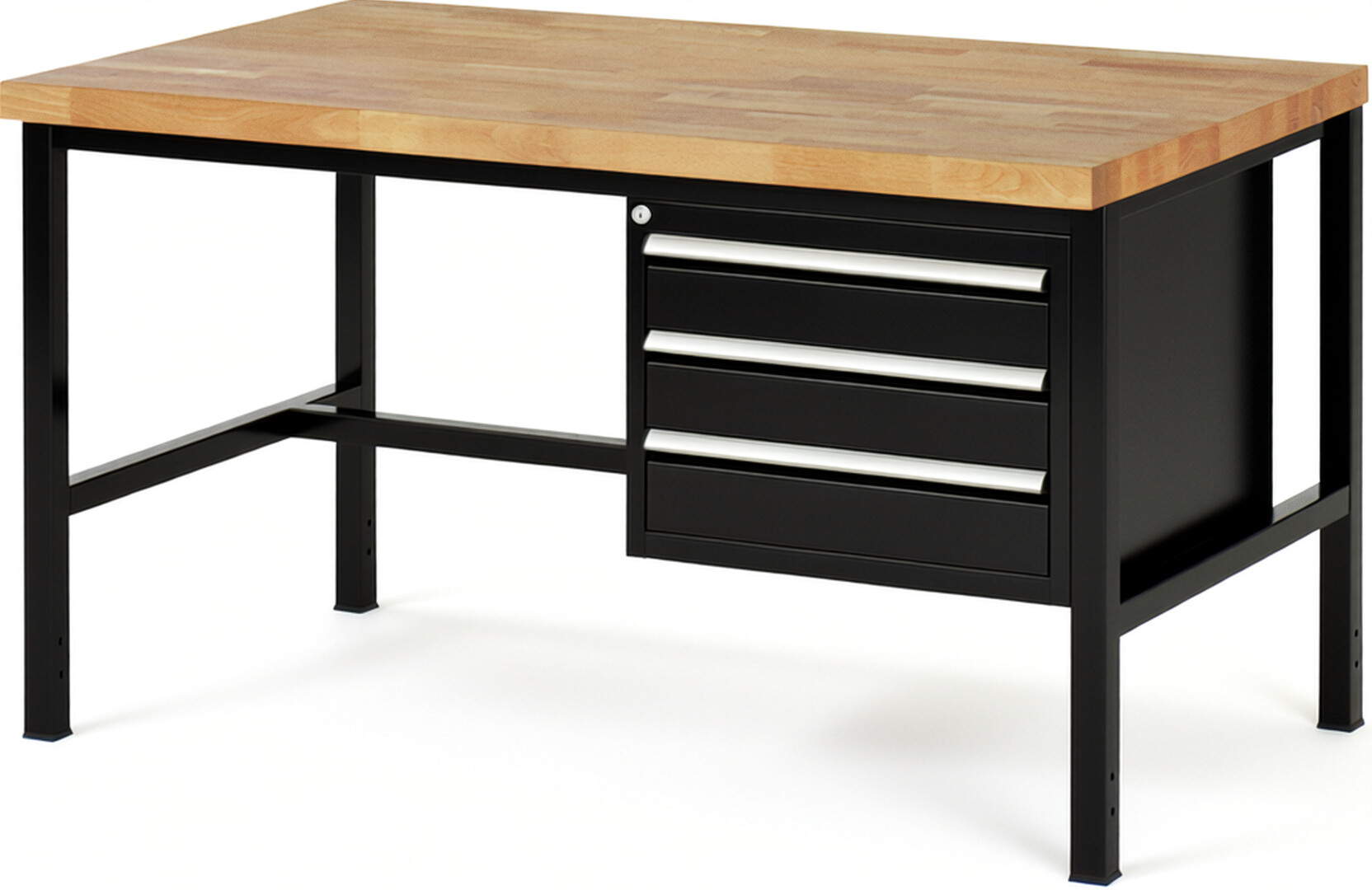 Werkbank Modell 8127 schwarz, BxTxH 1500x900x840-1040 mm,  Buche-Massiv Arbeitsplatte 40 mm,  3 Schubladen mit  Auszug 90 %