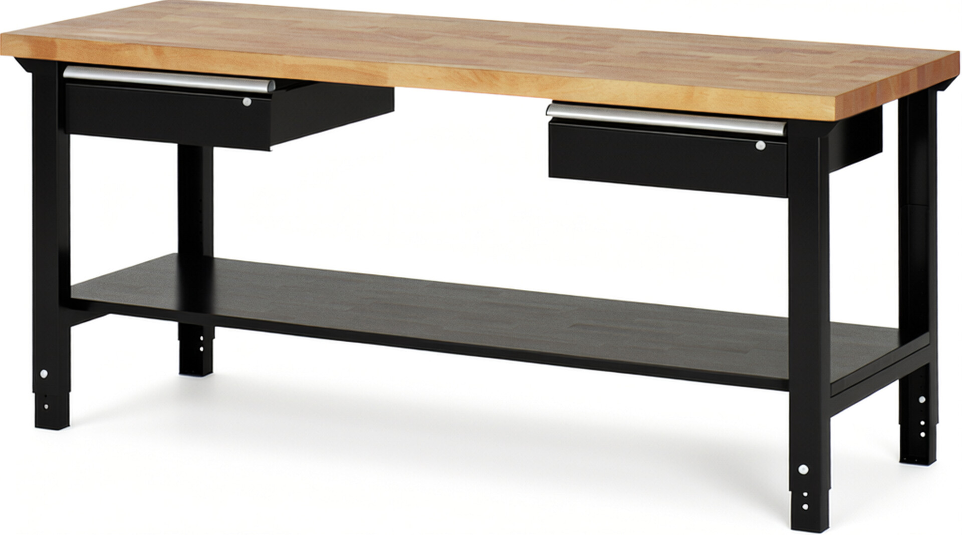 Werkbank Modell 7002 schwarz, BxTxH 2000x700x790-1140 mm,  Buche-Massiv Arbeitsplatte 40 mm,  2 Schubladen mit  Auszug 90 %